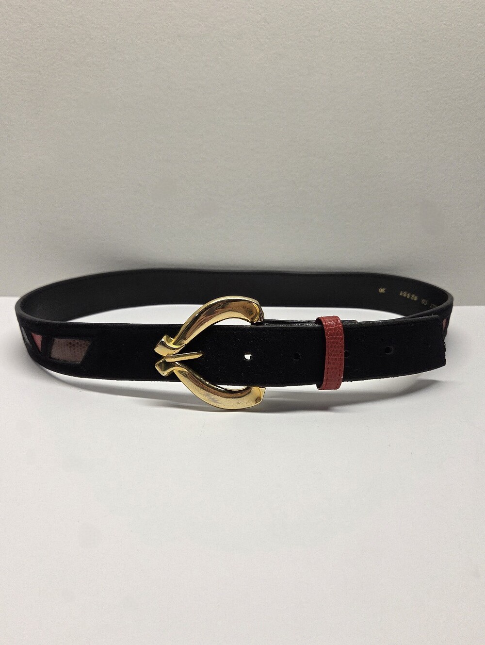 80s Leather Belt Size 30 Brass Buckle Geometric Inlays Red Loop Omega Belt Co.